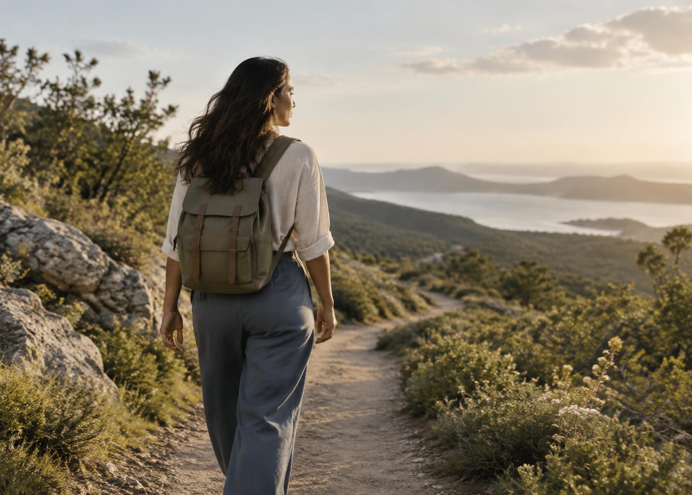 Mujer avanzando por un sendero con dirección